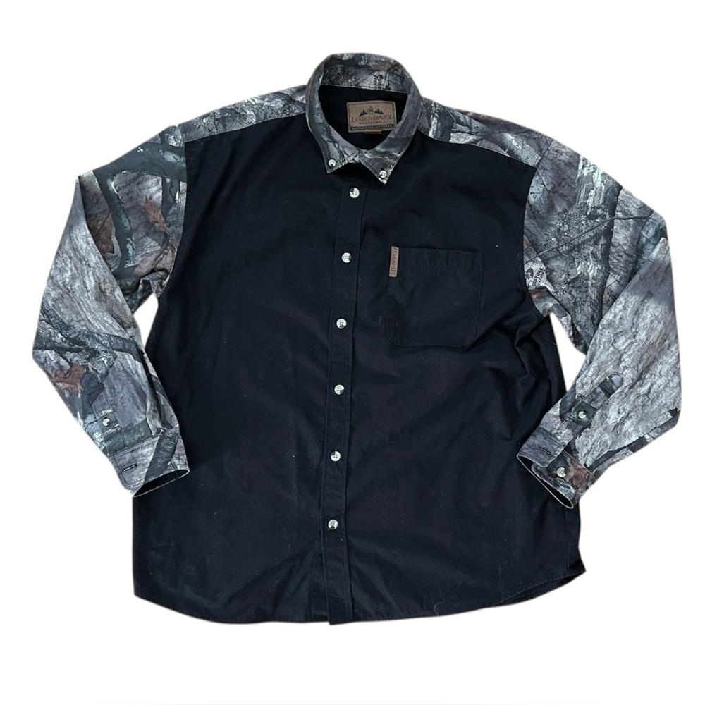 VTG Legendary Whitetails Shirt Mens XL Black Camo Sleeves Mossy Oak Hunting